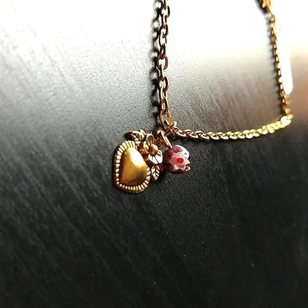 Anklet, Gold Heart Flower + Glass Bead 9" old new stock fashion jewelry - Picture 3 of 5